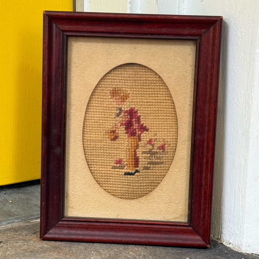 Vintage Needlepoint Art in Wooden Frame
